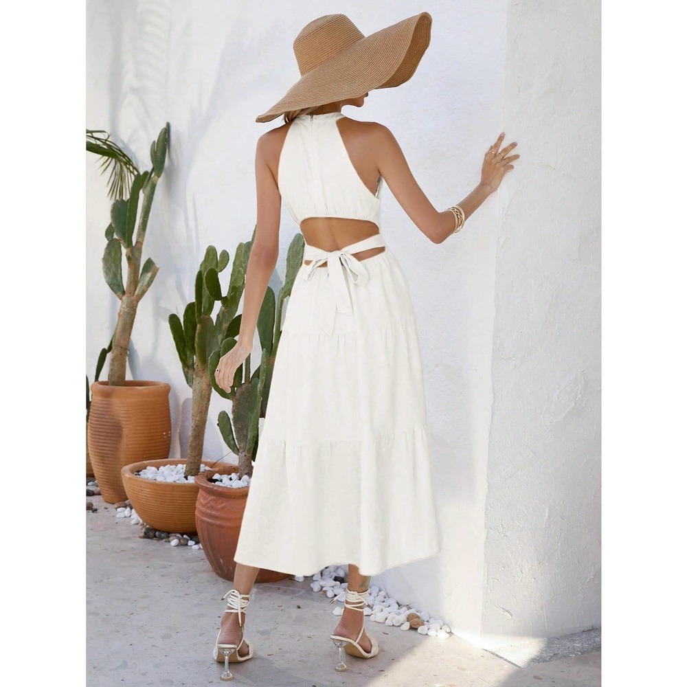 boho Solid Layered Hem Halter Neck Cut Out Waist maxi Dress - Picture 2 of 11